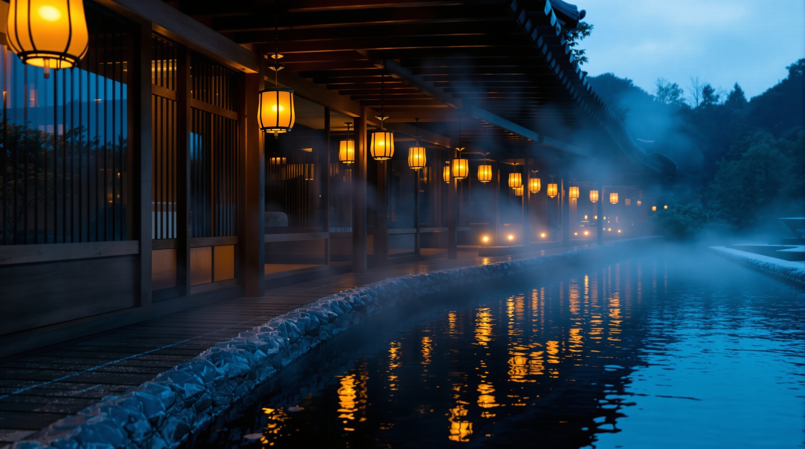 The walkway and pool at blue hour