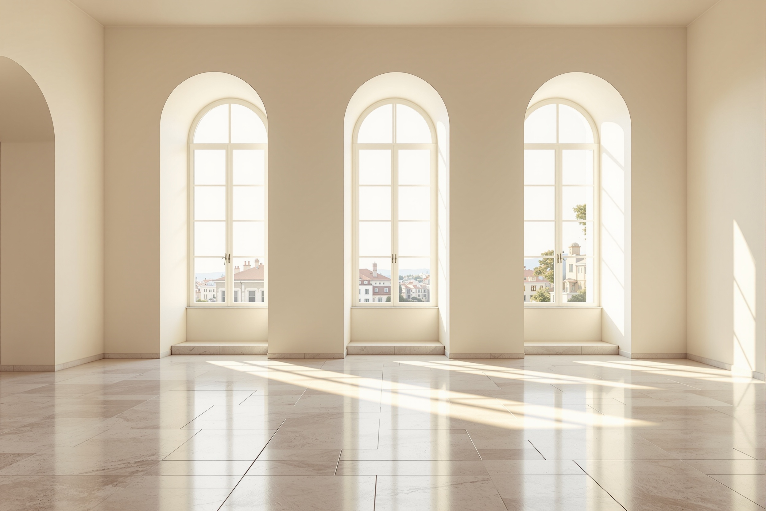 Three tall windows, no curtains