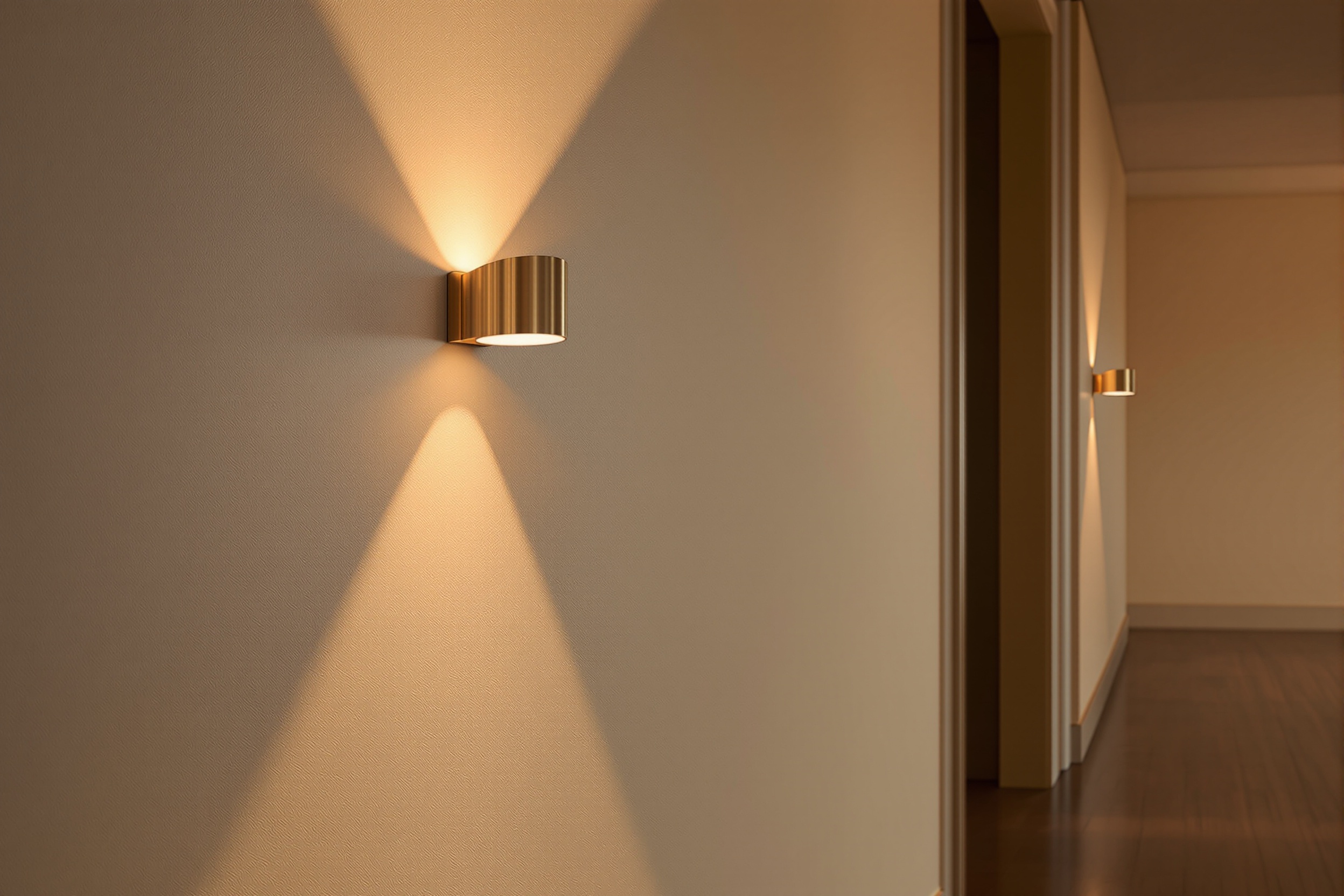 Brass half-moon sconce at the lift lobby corner
