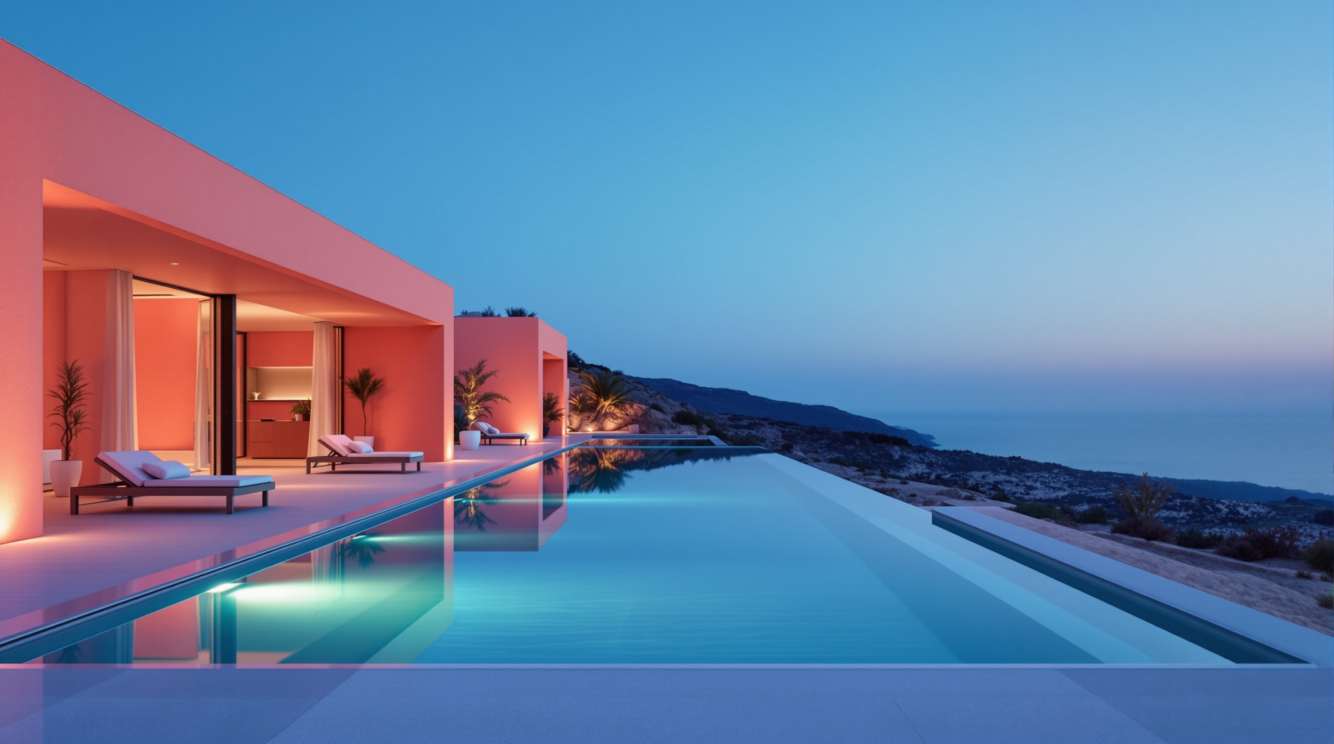 The full terrace at blue hour