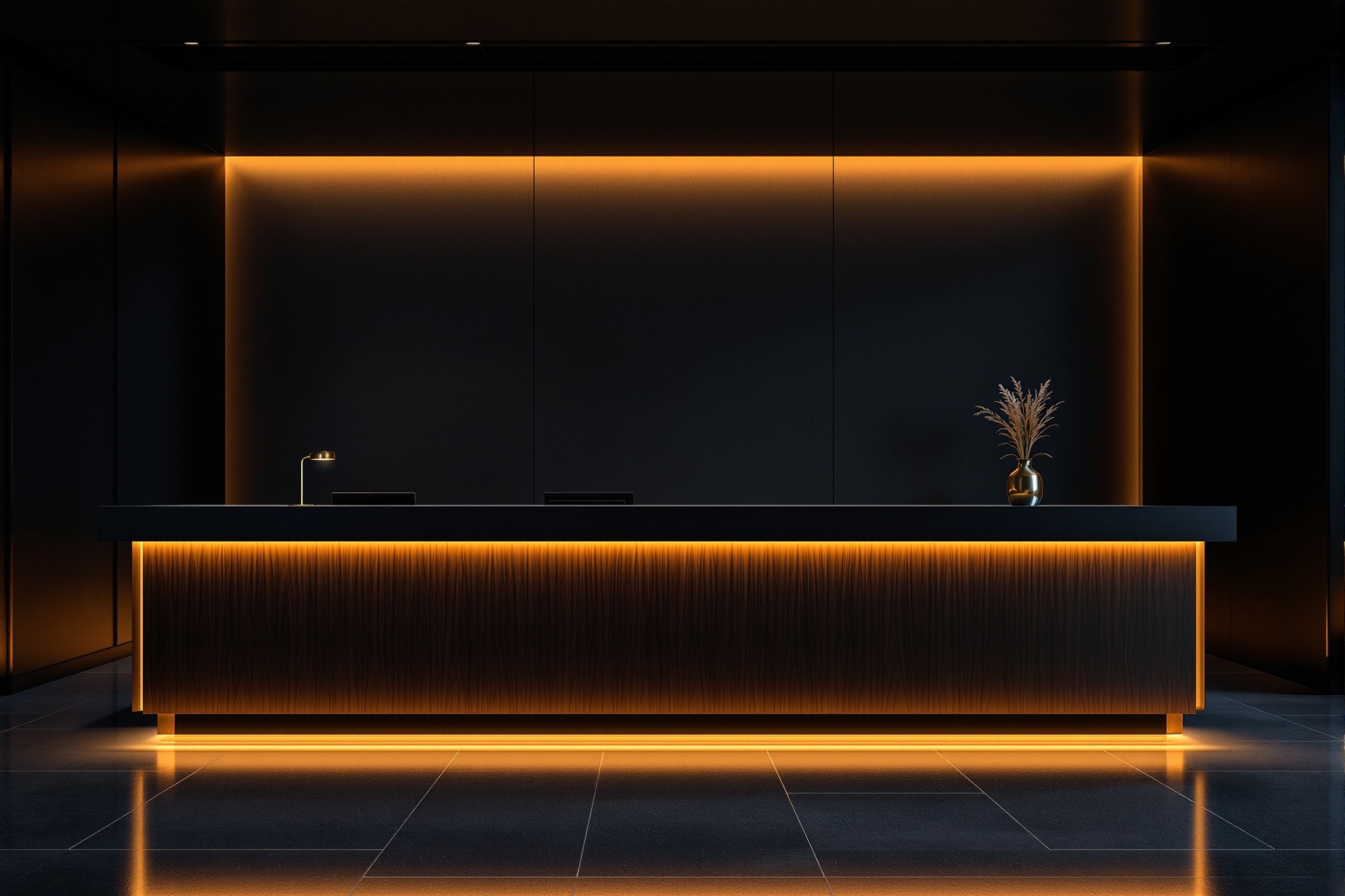 The counter, softly underlit