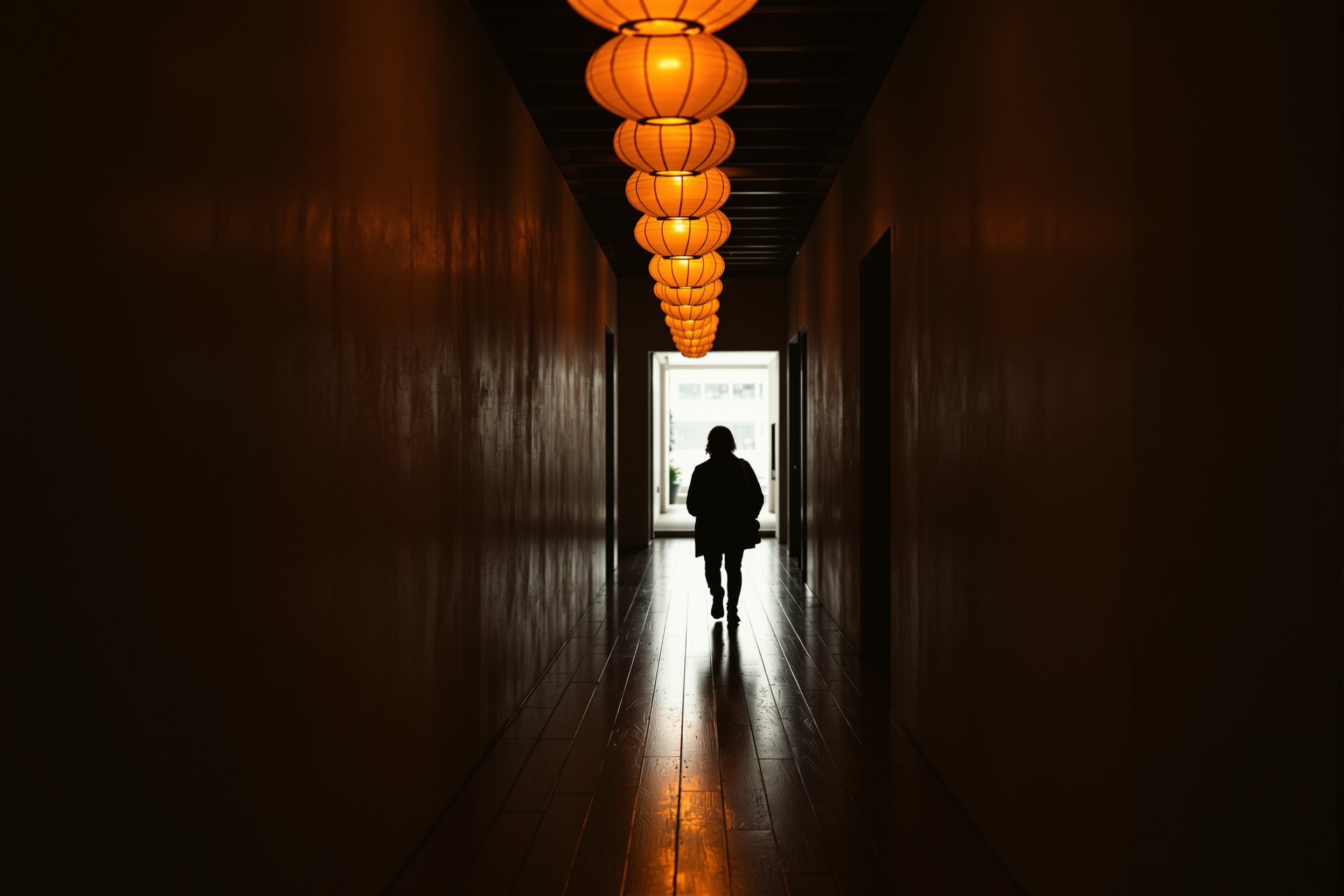 Low lanterns along the entry passage